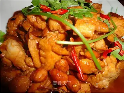 Slightly spicy kung pao chicken diced