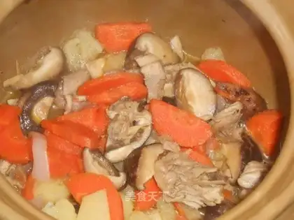 Potato, carrot, mushroom, chicken leg