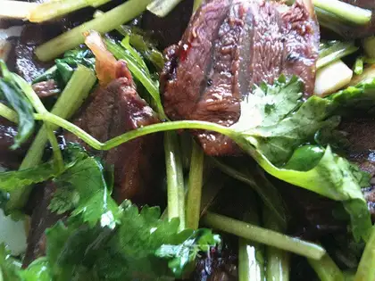 Beef mixed with cilantro