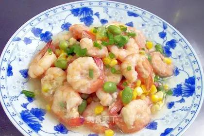 stir-fried shrimp balls with peas and corn