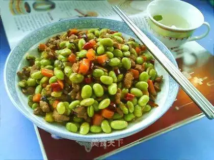 stir-fried mushrooms and diced pork with edamame