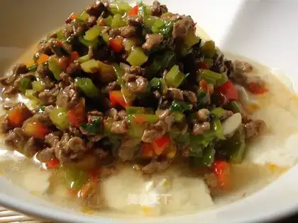 A piece of beef beans