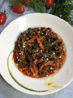 Tomato sauce. Black pearl noodles