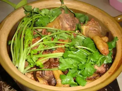 A chicken with a pair of mushrooms