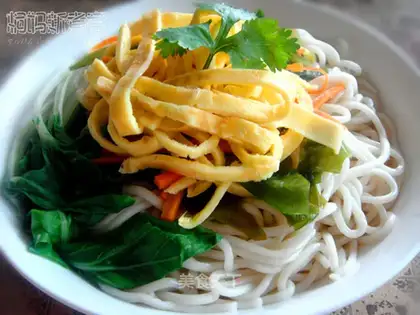 Mixed noodles with fresh vegetables, egg skin and seaweed