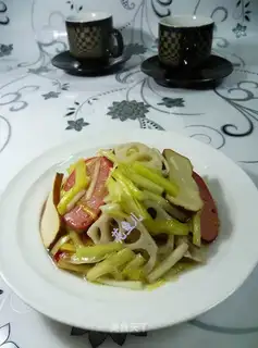 Cream sprouts and red sausages