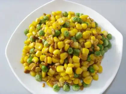 Green mustard, green beans, pine kernels, corn