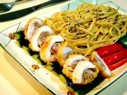 Crispy walnut stuffed cuttlefish pasta
