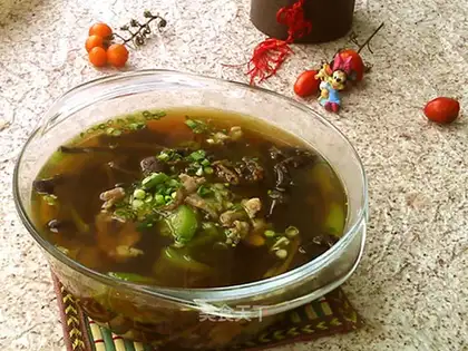 Tea, mushrooms, melon meatmeat