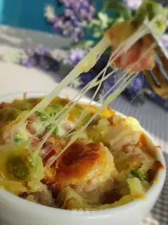 Baked mashed potatoes with bacon and fresh shrimp