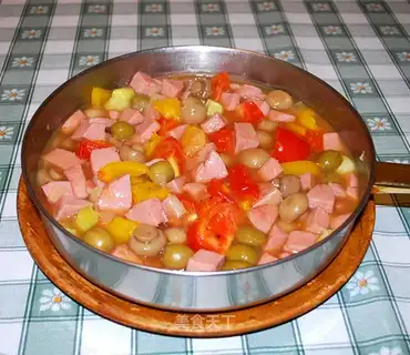 Boiled ham sausage with mushrooms and olives