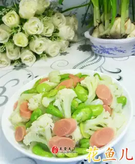 Ham sausages, beans, broccoli
