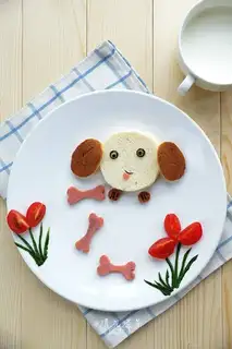Funny, loving puppy breakfast