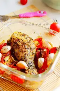 Tomato roasted chicken leg pasta