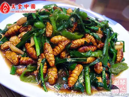stir-fried silkworm chrysalis with leeks