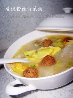 Egg dumplings, vermicelli and cabbage soup