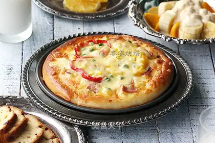 A thick shrimp bacon pizza