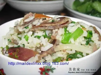 Fried rice with sausage and mustard