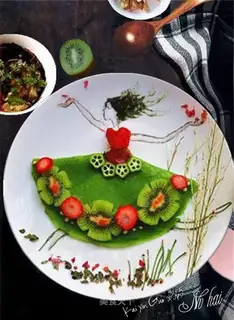 A girl in a dress with a baby dinner