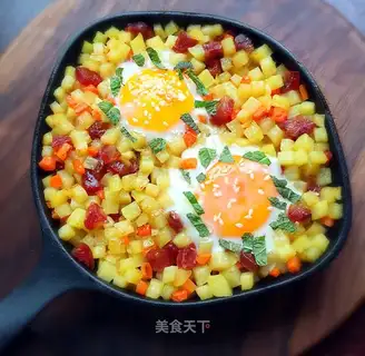 Potato carrot sausage and eggs