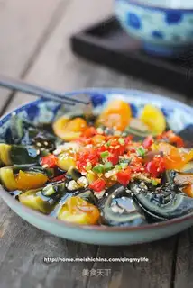 Preserved egg with chopped pepper on cold