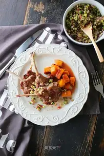 Fried lamb chops with roast pumpkins