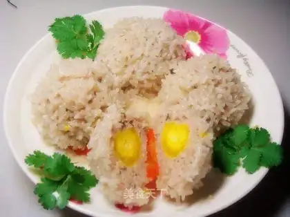 glutinous rice, salted egg and yellow meatballs