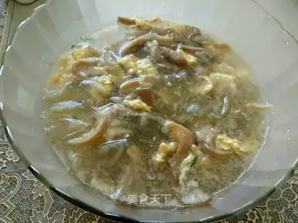 Pink mushroom egg soup