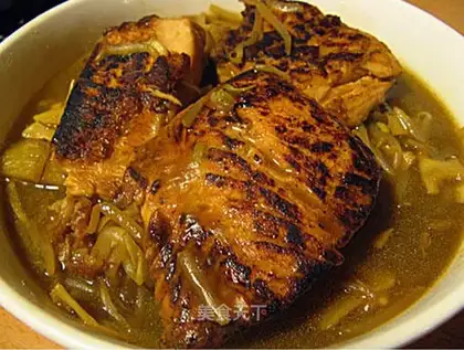 Salmon stewed with seasonal vegetables and ham
