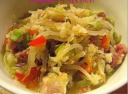 Seasonal vegetables, ham, minced cod