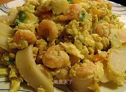 Shrimp rice cake and slippery egg