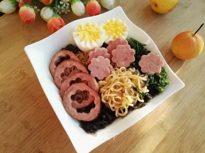 Red sausage egg noodles