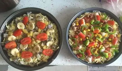 Fruit pizza. Seafood pizza
