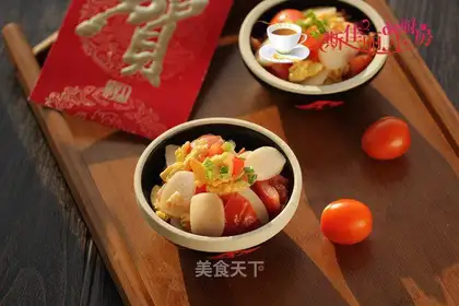 Tomato eggs, fried cake