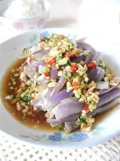 Hand-shredded eggplant strips with cold salad