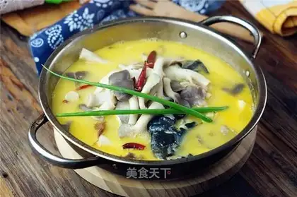 Spicy fungi mushrooms, white and black fish soup