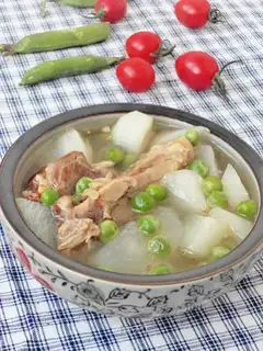 Peas, duck, radish soup