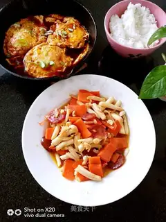 Pork sausage fried chicken leg mushrooms