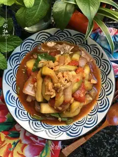 Fish, pork and eggplant