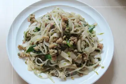 stir-fried rice noodle with minced pork and sprouts