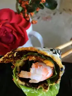Pumpkin pancakes, shrimp rolls