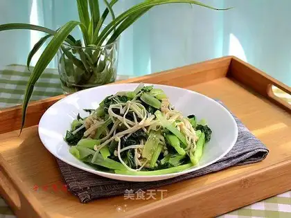 Golden mushrooms and green vegetables