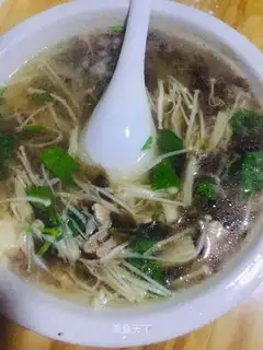 Golden pins and mushrooms, skinny broth