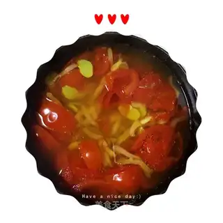 Tomato pickles, bean petal soup