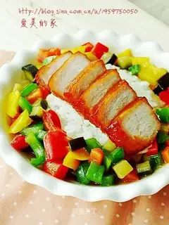 Barbecue pork with colorful rice