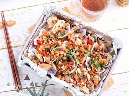 Garlic blossoms and roasted golden mushrooms