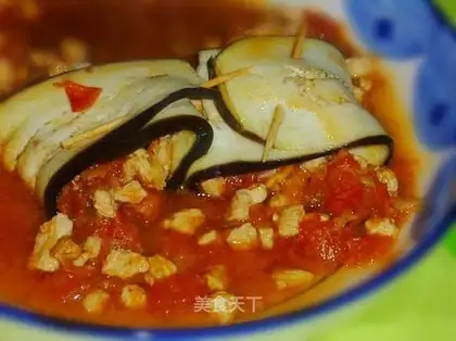 Steamed eggplant chicken tomato roll