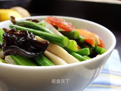Mushrooms and garlic sprouts