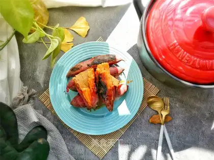 A casserole roasted potatoes