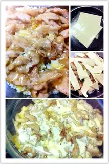 Grilled rice with pork slices and cheese